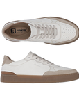 Pair of White sneakers with perforated toe, beige suede accents, tan Rieker logo'd footbed, and a tan outsole.