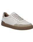 White sneaker with perforated toe, beige suede accents and a tan outsole.