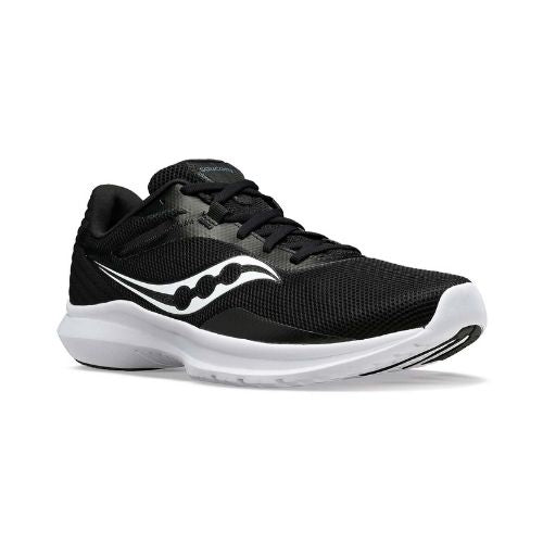 Men's Saucony Convergence Sneaker in black with white sole, featuring breathable mesh upper and lightweight EVA cushioning for all-day comfort.