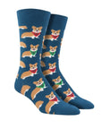 Blue socks with corgi's wearing different colored bandanas.