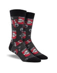 Men's Socksmith Crushing It Socks in dark gray with red beer can design, made from breathable cotton. Fun crew socks for beer lovers.