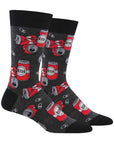 Grey socks with red beer cans crushed and open with black cuff, toe and heel cap.