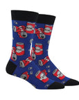 Men's Socksmith Crushing It Socks in blue featuring crushed red beer cans and bottle caps. Cotton crew socks ideal for casual wear or gifting.