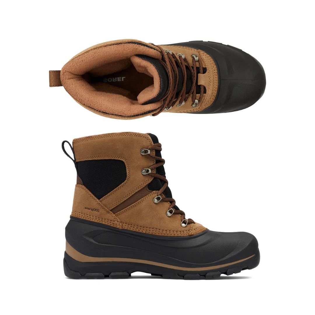 Side and top view of men's Sorel Buxton insulated waterproof winter boots, showing durable leather upper and secure lace-up closure.