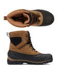 Side and top view of men's Sorel Buxton insulated waterproof winter boots, showing durable leather upper and secure lace-up closure.