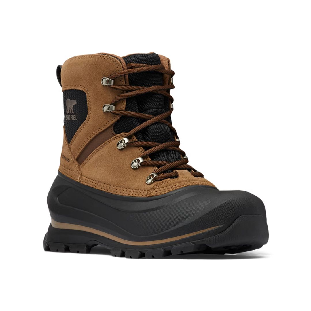 Men's Sorel Buxton waterproof winter boots in brown with black rubber outsole, featuring lace-up design and 200g insulation for cold weather.