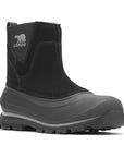 Men's Sorel Buxton Chelsea Boot in black with waterproof suede upper and rugged rubber sole, ideal for winter and wet conditions.