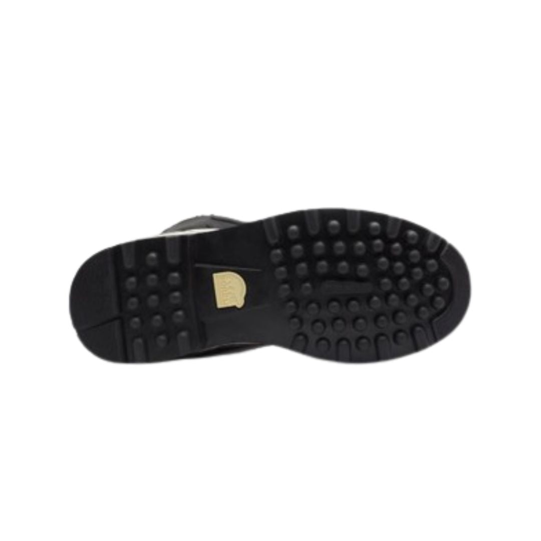 Outsole of black Men's Sorel Caribou Winter Boot featuring heavy tread pattern and Sorel logo for superior grip in icy and snowy conditions.