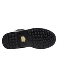 Outsole of black Men's Sorel Caribou Winter Boot featuring heavy tread pattern and Sorel logo for superior grip in icy and snowy conditions.