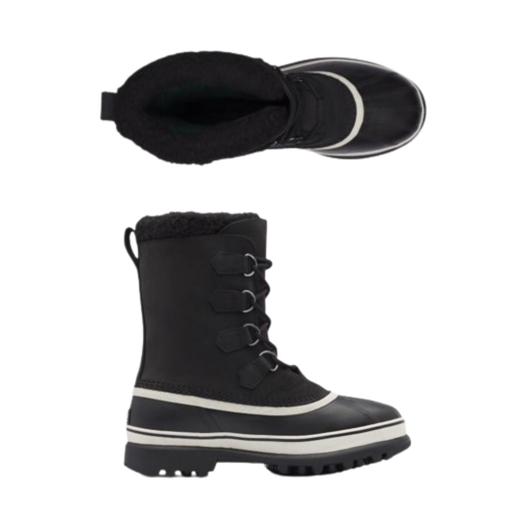 Top and side views of black Men's Sorel Caribou Winter Boot showing fleece-lined interior, waterproof build, and durable outsole for winter use.