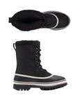 Top and side views of black Men's Sorel Caribou Winter Boot showing fleece-lined interior, waterproof build, and durable outsole for winter use.