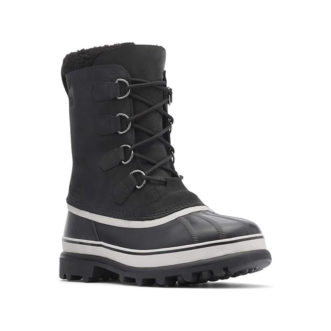 Men's Sorel Caribou Winter Boot in black with waterproof leather upper, lace-up design, and rugged rubber sole for cold, wet weather protection.