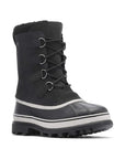 Men's Sorel Caribou Winter Boot in black with waterproof leather upper, lace-up design, and rugged rubber sole for cold, wet weather protection.