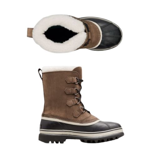 Top and side views of brown Men's Sorel Caribou Winter Boot highlighting warm fleece lining, lace-up closure, and waterproof construction.