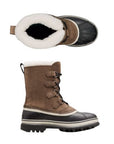 Top and side views of brown Men's Sorel Caribou Winter Boot highlighting warm fleece lining, lace-up closure, and waterproof construction.