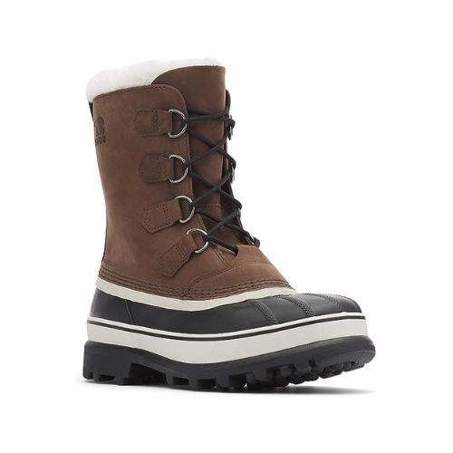 Men's Sorel Caribou Winter Boot in brown with waterproof leather, white fleece lining, and rubber shell ideal for snow and cold climates.