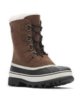 Men's Sorel Caribou Winter Boot in brown with waterproof leather, white fleece lining, and rubber shell ideal for snow and cold climates.