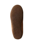 Textured brown rubber outsole of a slipper.