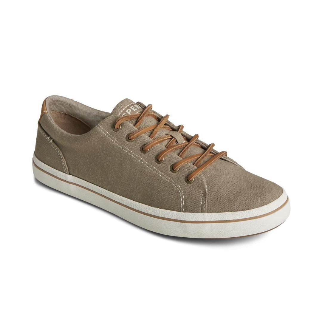 Durable taupe sneaker with brown laces and a white sole for ultimate comfort.