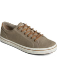 Durable taupe sneaker with brown laces and a white sole for ultimate comfort.