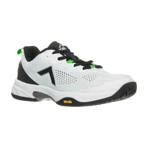 A white pickleball shoe with a vibrant Vibram rubber outsole design and black and green accents.