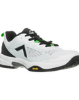 A white pickleball shoe with a vibrant Vibram rubber outsole design and black and green accents.