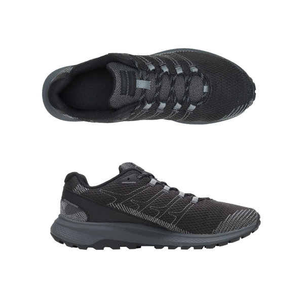 Top and side views of black Merrell Fly Strike GTX men's sneaker highlighting cushioned interior and breathable waterproof upper.