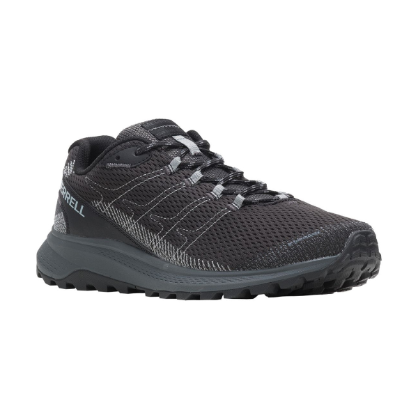 Men's Merrell Fly Strike GTX Sneaker in black with waterproof construction and lace-up closure, perfect for casual and trail use.