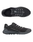 Top and side views of black Merrell Fly Strike GTX men's sneaker highlighting cushioned interior and breathable waterproof upper.