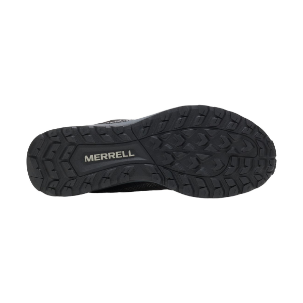 Outsole of black Merrell Fly Strike GTX Sneaker for men showing aggressive tread pattern for enhanced grip on various terrains.