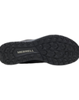 Outsole of black Merrell Fly Strike GTX Sneaker for men showing aggressive tread pattern for enhanced grip on various terrains.
