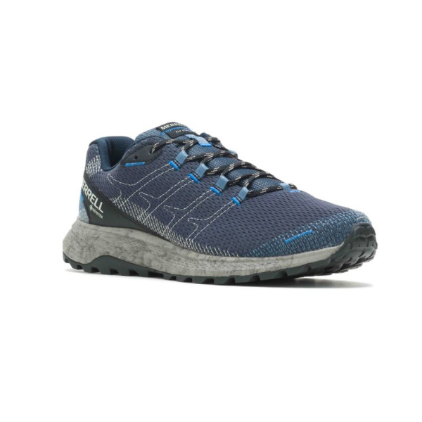 Men's Merrell Fly Strike GTX Sneaker in navy with waterproof mesh upper and rugged sole, ideal for trail running and outdoor wear.