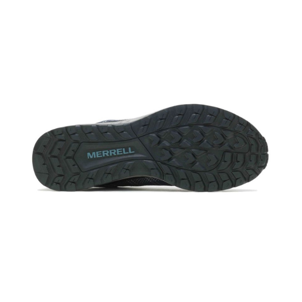 Bottom view of Merrell Fly Strike GTX Sneaker for men featuring a grippy rubber outsole designed for traction on hard-packed trails.