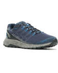 Men's Merrell Fly Strike GTX Sneaker in navy with waterproof mesh upper and rugged sole, ideal for trail running and outdoor wear.