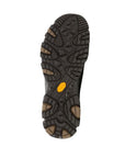 Black rugged outsole with yellow Vibram logo in middle.