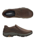 Pair of leather moc slip on shoes in brown, Merrell logo'd footbed with rugged black outsole.