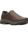 A men's leather moc slip on shoe in brown with rugged black outsole.