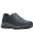 Black leather moc slip on shoe with grey midsole and treaded black outsole.