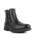 Black leather boot with a zipper and treaded outsole.