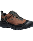 Lace-up hiking shoe with brown and black nubuck upper and a black rubber outsole. KEEN logo is embossed on the side.