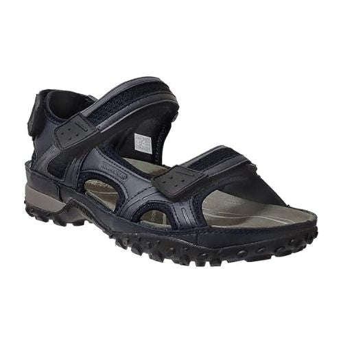 Navy Regent Sandal by Mephisto has two straps over foot and one behind him with an open toe and side