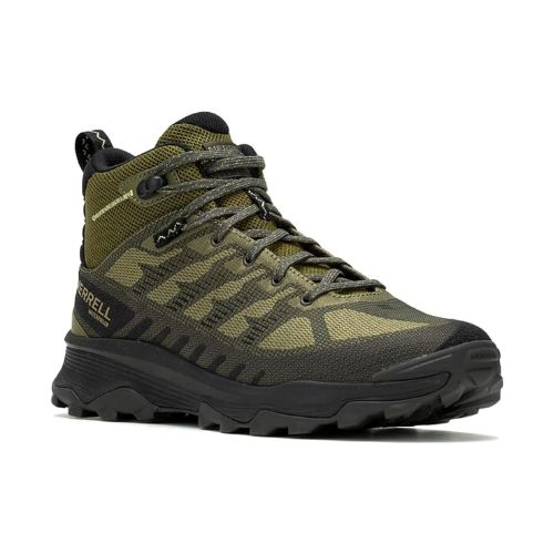 Men's Merrell Speed Eco Mid WP Boot in olive green with black accents, featuring waterproof mesh upper and recycled laces for hiking performance.