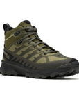 Men's Merrell Speed Eco Mid WP Boot in olive green with black accents, featuring waterproof mesh upper and recycled laces for hiking performance.