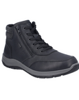Black high top leather boot with laces and dual zipper, grey knit heel cuff, grey midsole and black outsole.