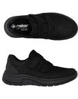 Pair of All black Leather shoes with two velcro straps and Rieker logo on black footbed.