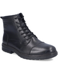 Black leather ankle boot with laces, cap toe and treaded outsole.