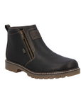 Dark brown leather ankle boot with dual side zippers and a brown rugged rubber outsole.
