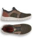 Pair of Slip-on Sneakers in olive green with mesh upper, elastic laces, brown accents, orange Rieker logo'd footbed, and white outsole.