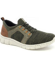 Slip-on Sneaker in olive green with mesh upper, elastic laces, brown accents and white outsole.