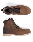 A pair of brown lace-up ankle boota with brown laces, dark brown accents, light stitching and a tan rugged outsole.